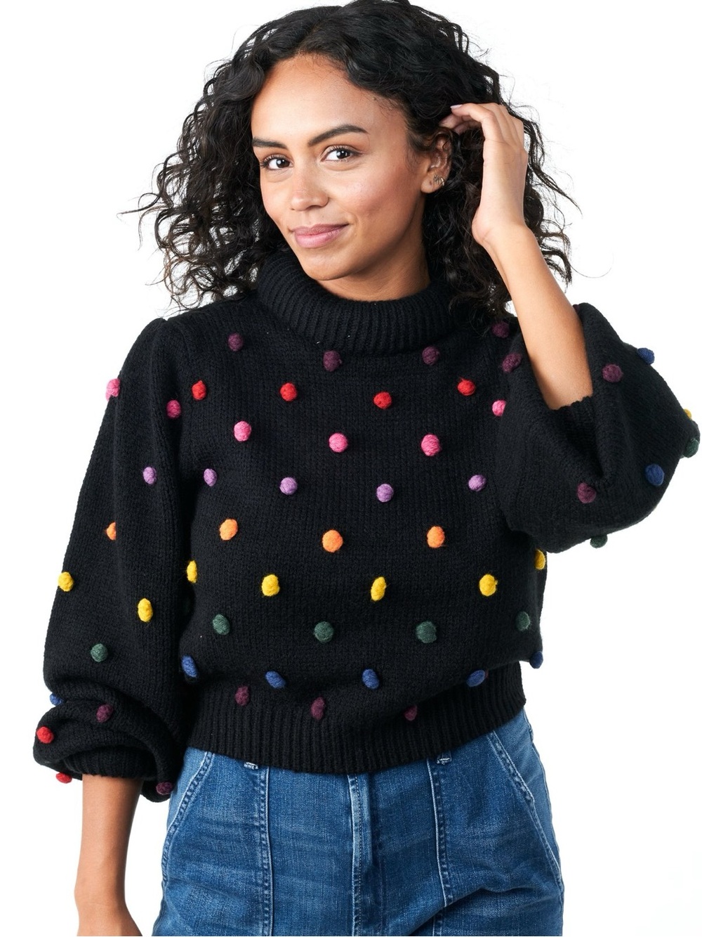 Farm Rio Black Pom-Pom Turtleneck Sweater - Multicolor Dots